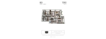 B3 - 2 bedroom floorplan layout with 2 bathrooms and 1285 square feet