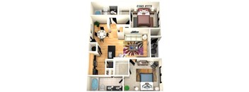 A top-down view of a small apartment with a living room, kitchen, and bedroom.