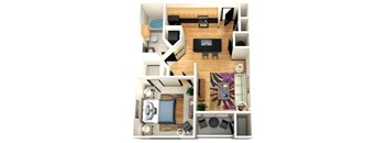 A top-down view of a living room with a couch, coffee table, and television.