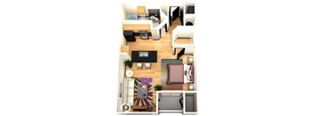 A top-down view of a living room with a couch, a coffee table, and a rug.
