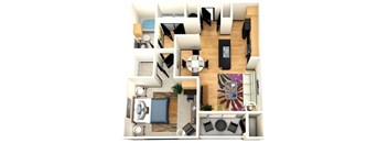 A top down view of a living room, kitchen, and dining area.