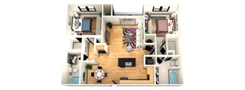 A top-down view of a small apartment with a living room, kitchen, and bathroom.