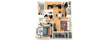 A top down view of a house interior with a kitchen, dining area, living room, and bedroom.