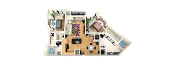 A 3D floor plan of a house showing the layout of the rooms.