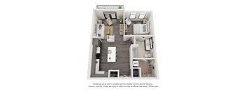 A floor plan of a small apartment with a kitchen, living room, and bedroom.