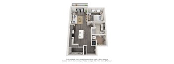 A 3D floor plan of a small apartment with a kitchen, living room, and bedroom.