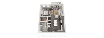 A 3D floor plan of a small apartment with a kitchen, living room, and bathroom.
