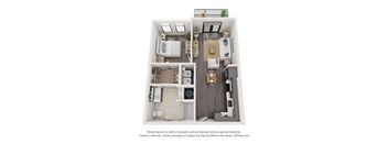 A 3D floor plan of a small apartment with a kitchen, living room, and bathroom.
