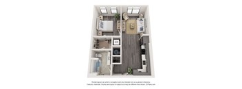 A 3D floor plan of a small apartment with a kitchen, living room, and bathroom.
