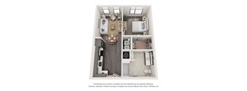 A 3D floor plan of a small apartment with a kitchen, living room, and bathroom.