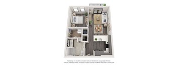 A 3D floor plan of a small apartment with a living room, kitchen, and bathroom.