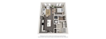 A 3D floor plan of a small apartment with a kitchen, living room, and bathroom.