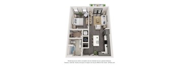 A floor plan of a small apartment with a kitchen, living room, and bathroom.