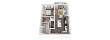 A 3D floor plan of a small apartment with a kitchen, living room, and bathroom.
