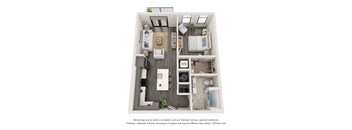 A 3D floor plan of a small apartment with a kitchen, living room, and bathroom.