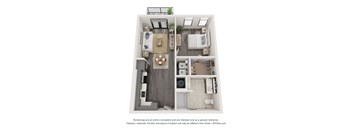 A 3D floor plan of a small apartment with a kitchen, living room, and bathroom.