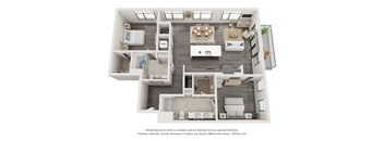 A 3D floor plan of a house with a kitchen, living room, dining room, and bathroom.