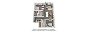 A 3D floor plan of a house with a kitchen, living room, and two bedrooms.
