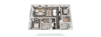 A 3D floor plan of a house with a kitchen, living room, and bathrooms.