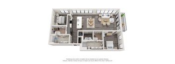 A 3D floor plan of a house with a kitchen, living room, and two bedrooms.