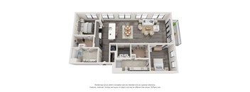 A 3D floor plan of a house with a kitchen, living room, and two bedrooms.