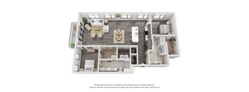 A 3D floor plan of a house with a living room, kitchen, and bedrooms.