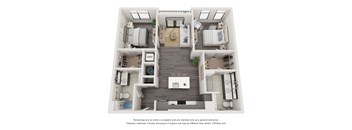 A floor plan of a two-bedroom apartment with a living room, kitchen, and bathroom.