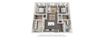 A 3D floor plan of a house with a kitchen, living room, and bedrooms.