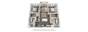 A floor plan of a house with a kitchen, living room, dining room, and two bedrooms.