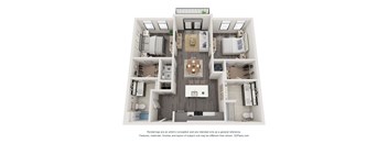 A 3D floor plan of a house with a kitchen, living room, dining room, and bathrooms.
