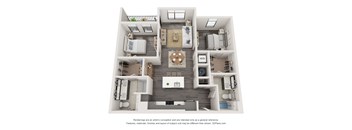 A 3D floor plan of a house with a kitchen, living room, and two bedrooms.
