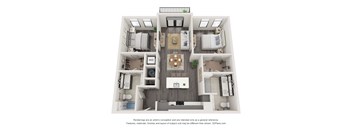 A 3D floor plan of a house with a living room, dining room, kitchen, and two bedrooms.