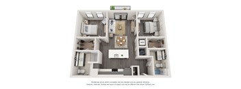 A 3D floor plan of a house with a kitchen, living room, and two bedrooms.