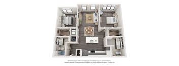 A 3D floor plan of a house with a kitchen, living room, and two bedrooms.