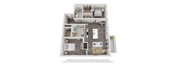 A 3D floor plan of a house with a kitchen, living room, and bedrooms.