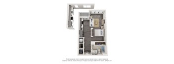 A 3D floor plan of a small apartment with a kitchen, living room, and bathroom.
