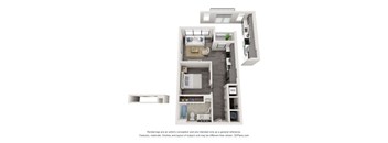 A 3D floor plan of a small apartment with a kitchen, living room, and bathroom.