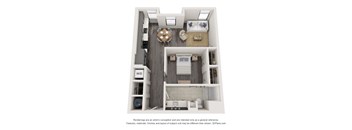 A 3D floor plan of a small apartment with a kitchen, living room, and bedroom.