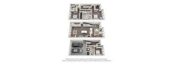 A 3D floor plan of a house with three bedrooms, two bathrooms, a living room, a kitchen, and a garage.