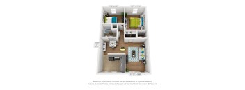 A 3D floor plan of a small apartment with a kitchen, living room, and two bedrooms.