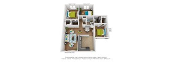 A 3D floor plan of a two-bedroom apartment.