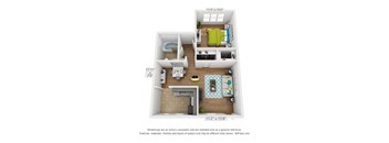 A 3D floor plan of a small apartment with a kitchen, living room, and bathroom.