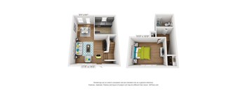 A floor plan of a small apartment with two bedrooms and a living area.