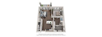 A 3D floor plan of a small apartment with a kitchen, living room, and bedroom.