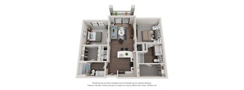 A 3D floor plan of a two-bedroom apartment with a living room, kitchen, and bathroom.