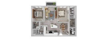 A 3D floor plan of a house with a kitchen, living room, and bathroom.