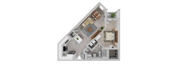 A 3D floor plan of a house with a kitchen, living room, and bedrooms.