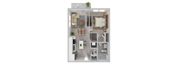A top-down view of a small apartment with a kitchen, living room, and bedroom.