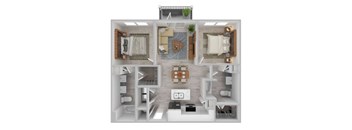 A top-down view of a house interior with a kitchen, living room, and two bedrooms.