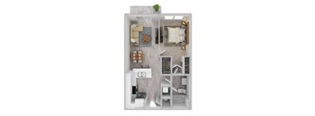 A floor plan of a small apartment with a kitchen, living room, and bedroom.